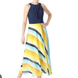 Sandra Darren high neck sleeveless maxi dress. Blue bodice with stripped bottom